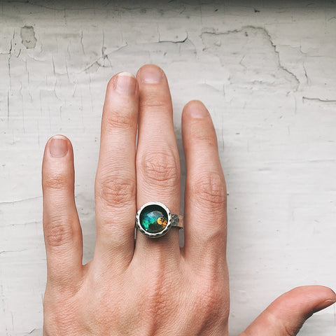 Chunky Hammered Silver Adjustable Ring with Custom Galaxy - You Choose Outer Space Image or Planet, Handcrafted Celestial Jewelry by Yugen Tribe