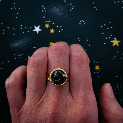 Authentic meteorite jewelry set giveaway on Yugen Tribe blog - adjustable gold ring with raw chunk of meteor