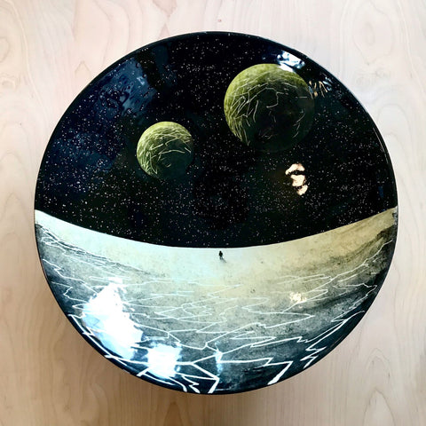 Outer space astronaut space exploration hand painted ceramic plate