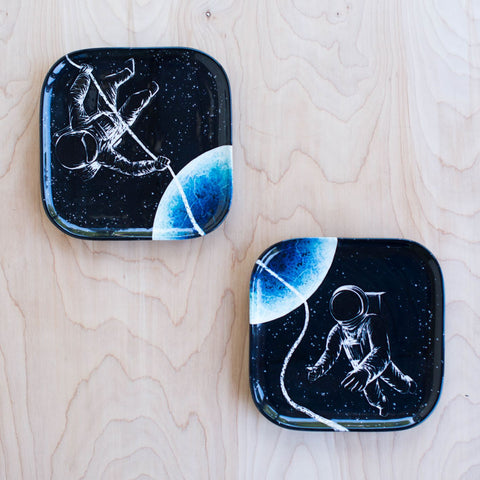 Handpainted ceramic outer space astronaut spacewalk plates