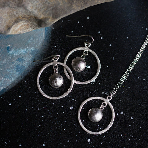 Meteorite Orbit Earrings - Sterling Silver, White Gold, Gibeon Meteor Jewelry - Celestial Jewelry from the Cosmos by Yugen Tribe