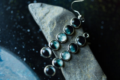 Moon Phase Vertical Earrings by Yugen Tribe - Lunar Celestial Cosmic Handmade Jewelry by Yugen Tribe