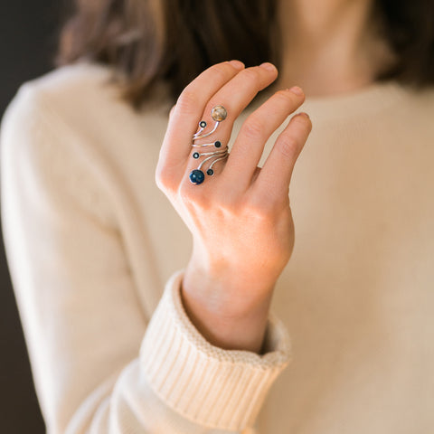 Large sculpture ring with black spinel, copper calcite, azurite malachite - Orbit ring, galaxy jewelry, outer space jewellery by Yugen Tribe