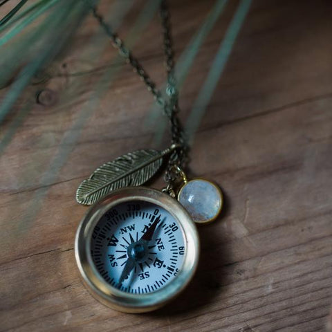 Compass Necklace with Rainbow Moonstone and Feather Charm - Travel Talisman - Protective New Age Jewelry by Yugen Tribe