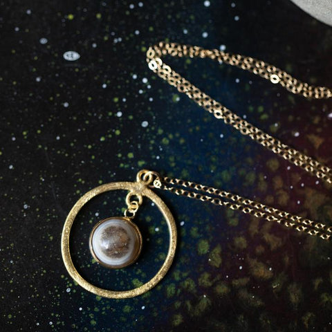 Rings of Saturn Necklace with Natural Stone - Limited Edition Celestial Handmade Jewelry by Yugen Tribe - Gold Planet Necklace