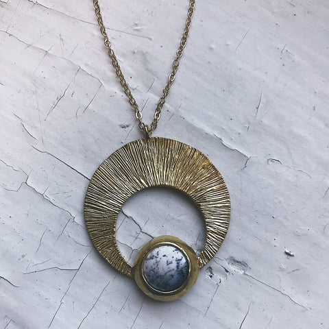 Crescent Pendant with Dendritic Agate - Black and White Gold Moon Necklace - Horn Necklace in Textured brass with natural stone by Yugen Tribe