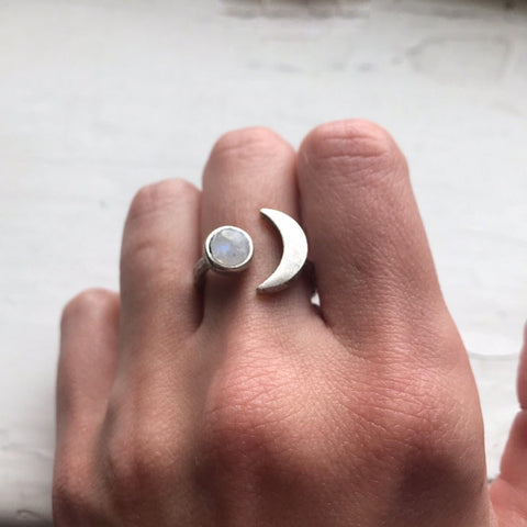 Crescent Moon Wrap Ring with Rainbow Moonstone in Silver Tone, Celestial Jewelry by Yugen Tribe