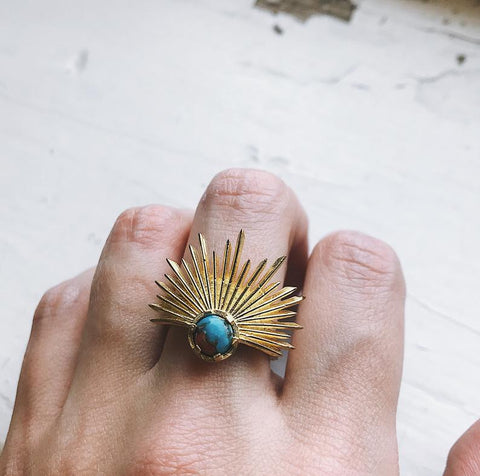 Sun Goddess Ring - Gold Sunshine Sunburst Ring with Copper Oyster Turquoise - Yugen Tribe Handmade Celestial Cosmic Jewelry 