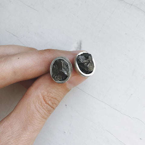 Authentic Meteorite Earrings - Oval Post Stud Earrings with Campo del Cielo Raw Space Rock, Real Meteorite Jewelry by Yugen Tribe