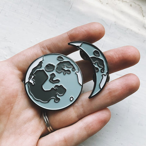 Full Moon and Crescent Moon Enamel Pins - Lunar Phase Set of Enamel Pins by Yugen Tribe, Celestial Accessories