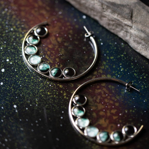 Moon Phase Hoop Earrings by Yugen Tribe - Hoop Earrings with Moon Phases - Phases of the Moon Jewelry, Moonphase jewellery