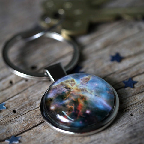 Custom Keychain with Celestial Galaxy Image of Planet Moon Nebula - Handcrafted Gifts by Yugen Tribe