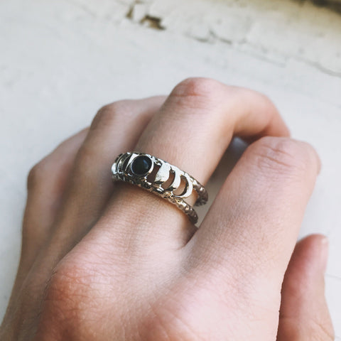 Moon Phase Ring with Black Opal in Silver by Yugen Tribe