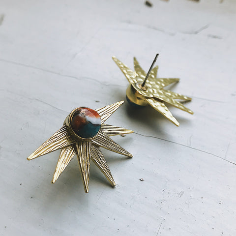 Sun Goddess Earrings - Gold Sunburst Half Sun Post Earrings with Copper Oyster Turquoise - Celestial Jewelry with Natural Stones by Yugen Tribe