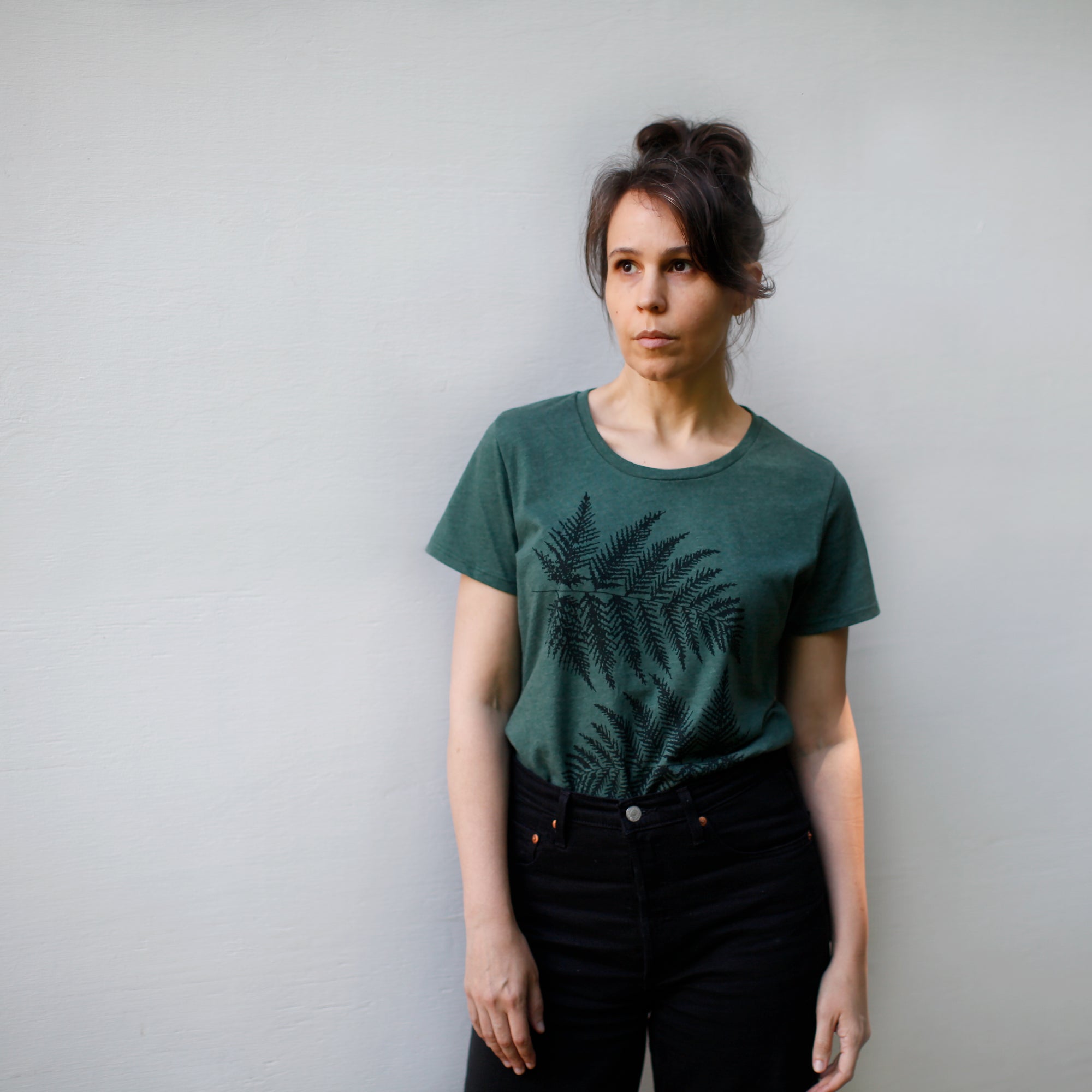 Fern Leaves Print Eco-Friendly Women's Tee on Forest Green