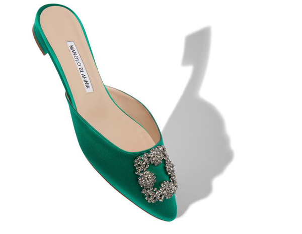 Green Satin Jewel Buckle Flat Mules