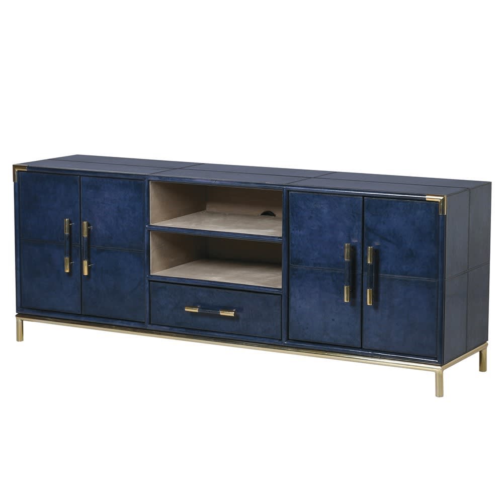 Saskia Collection Blue Leather And Gold Tv Cabinet Shropshire Design