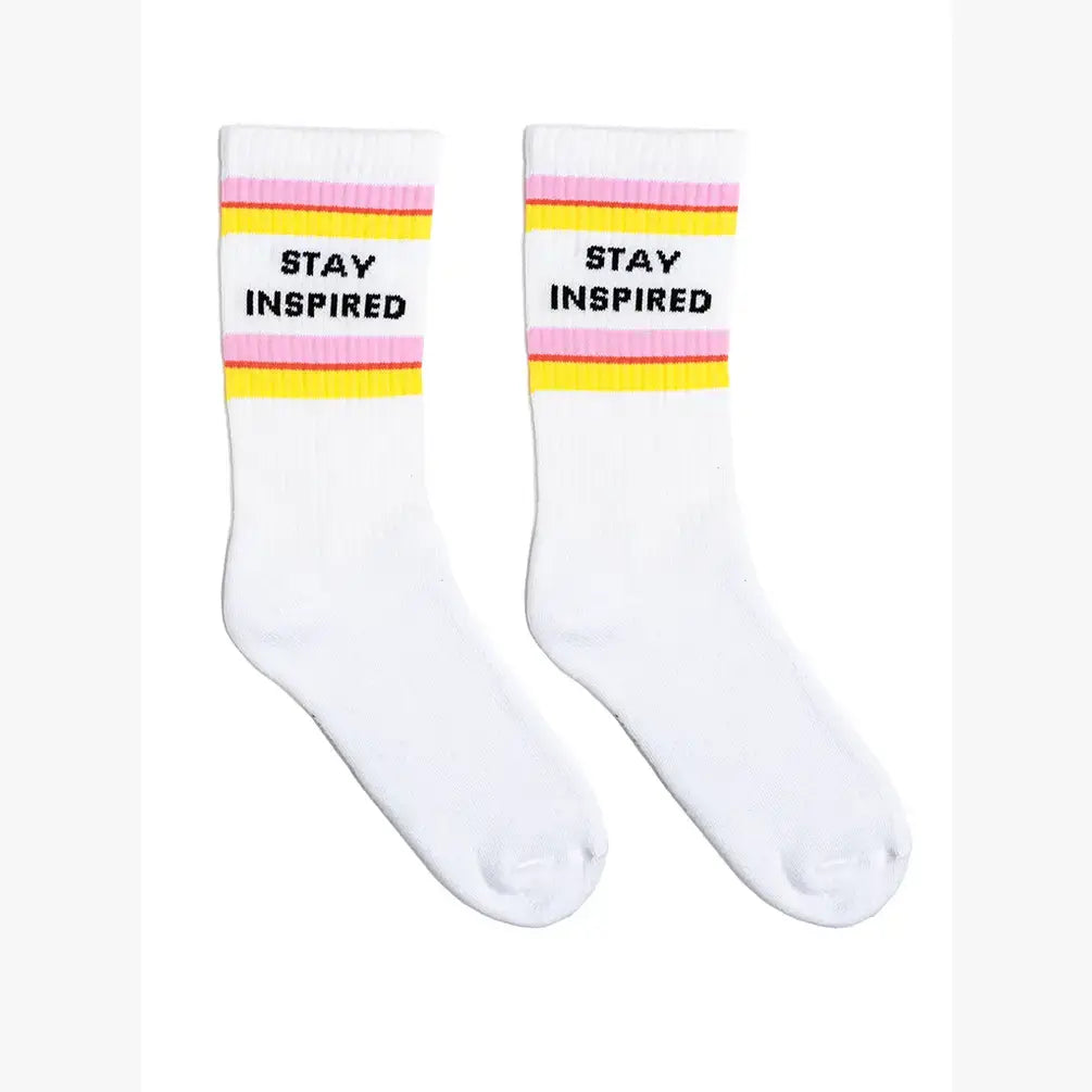 Classic Crew Socks w/ Ribbed Tubing - "Stay Inspired" -White