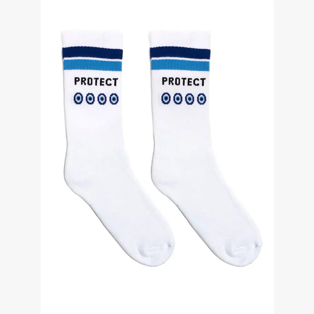 Classic Crew Socks w/ Ribbed Tubing - "Protect" - White