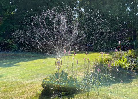 a sprinkler in a meadow garden