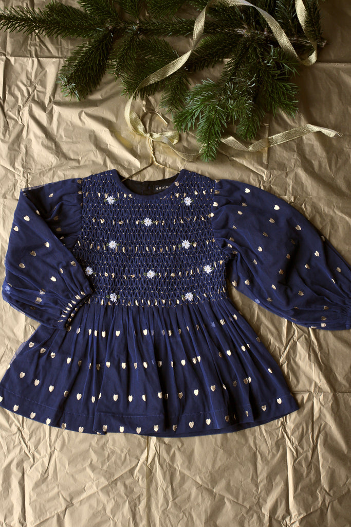 Bonjour Diary Handsmocked Blouse in Indigo Tulle with Gold Heart