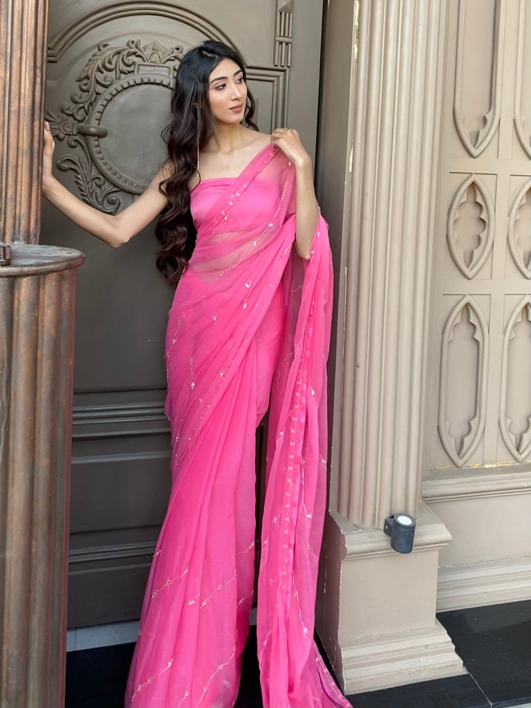 Gulabi Dimond Chiffon Saree – House of Aynaa Private Limited