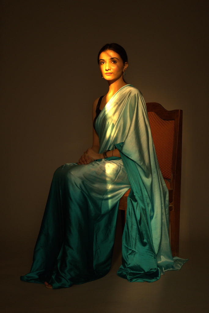 Ombre Blue Satin Saree – House of Aynaa Private Limited