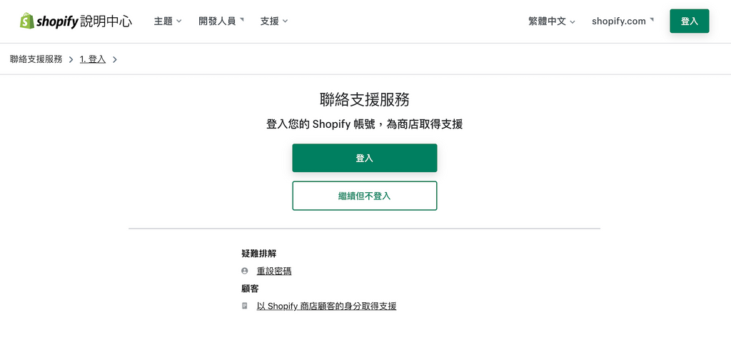shopify客服聯繫，可以選擇登入/不登入