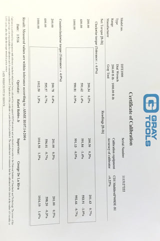 torque wrench certificate of calibration