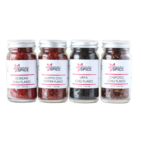 Chili Flakes Spice Set - Korean Chili Flakes, Aleppo Chili Flakes, Urfa Chili Flakes & Chipotle Chili Flakes