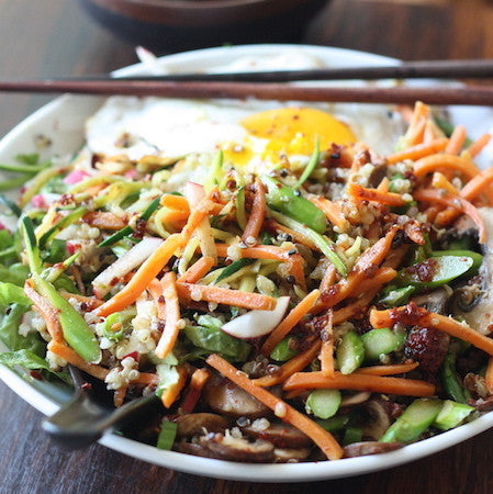 korean mixed veggie quinoa bibimbap bowl recipe