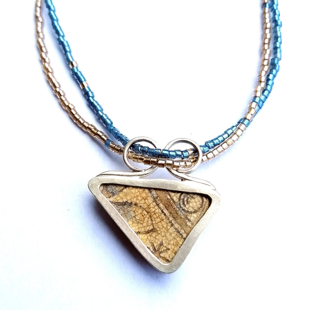 Sandy Blue Crackled Sea Pottery Pendant with Glass Bead Necklace