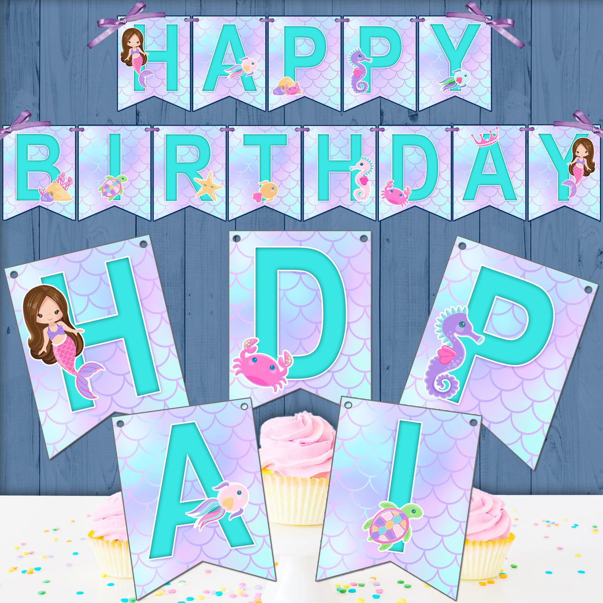 Mermaid Birthday Banner SVG, PNG cutting and print files. Brunette Rai