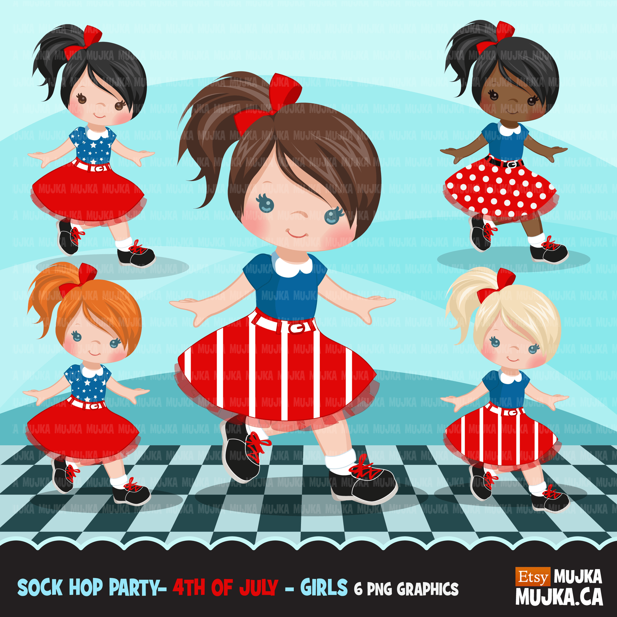 Sock Hop Clipart Bundle. Cute set of 50's diner and sock hop character ...