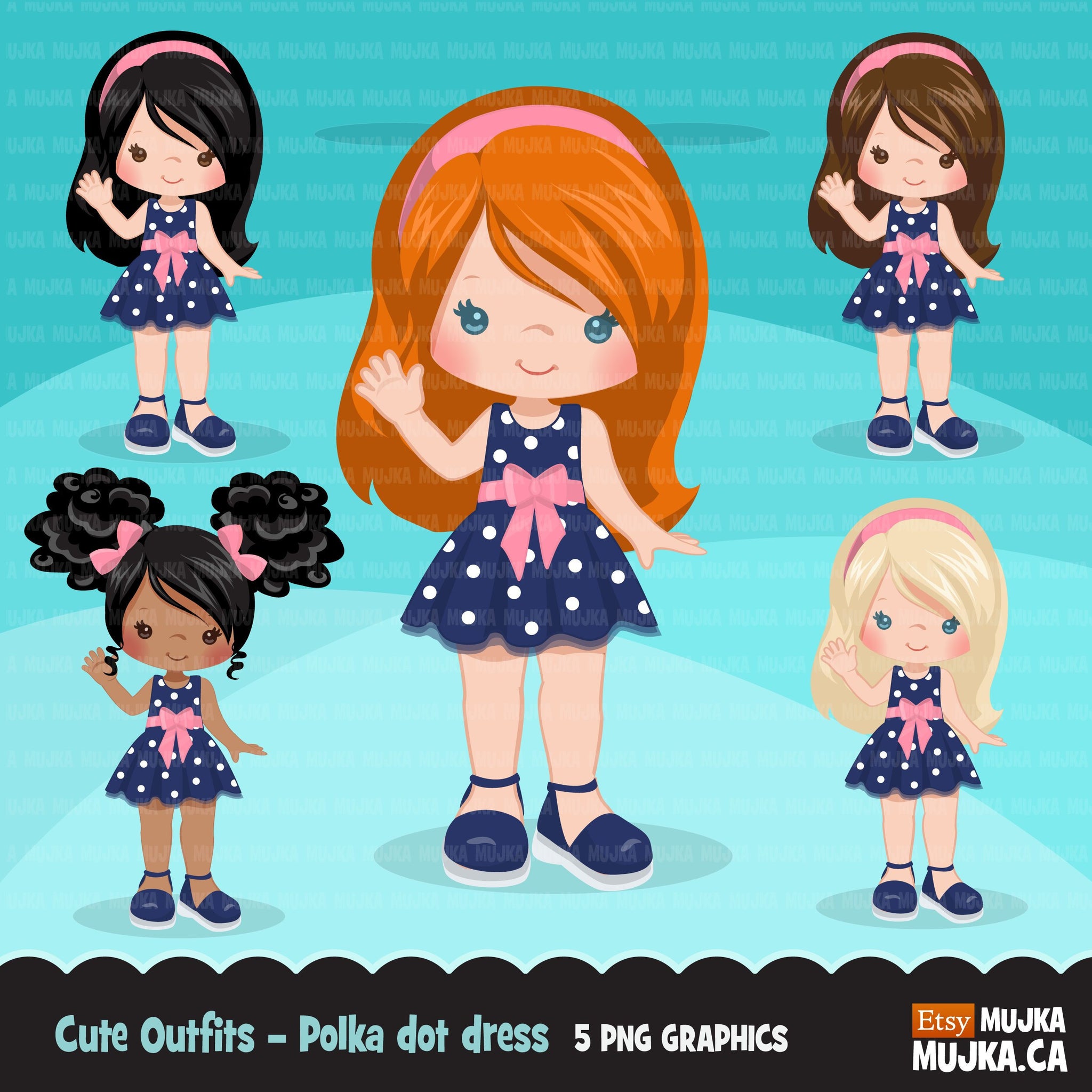 Little girl in polka dot dress, cute outfits clipart – MUJKA CLIPARTS