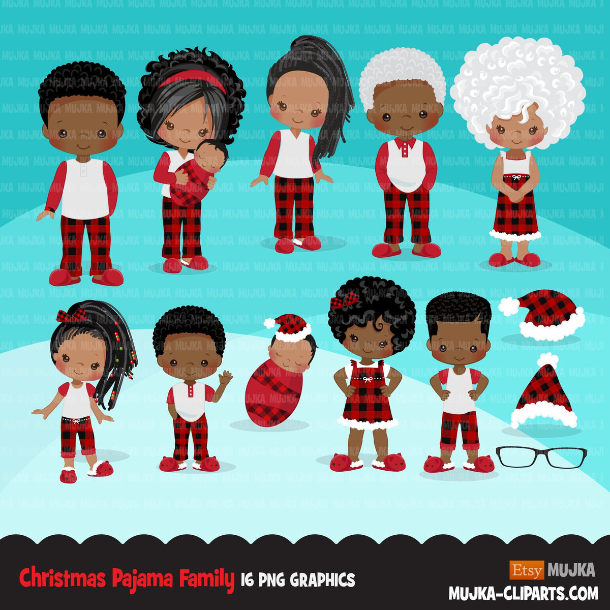 Christmas Pajama Black family clipart, portraits, mom, dad ...