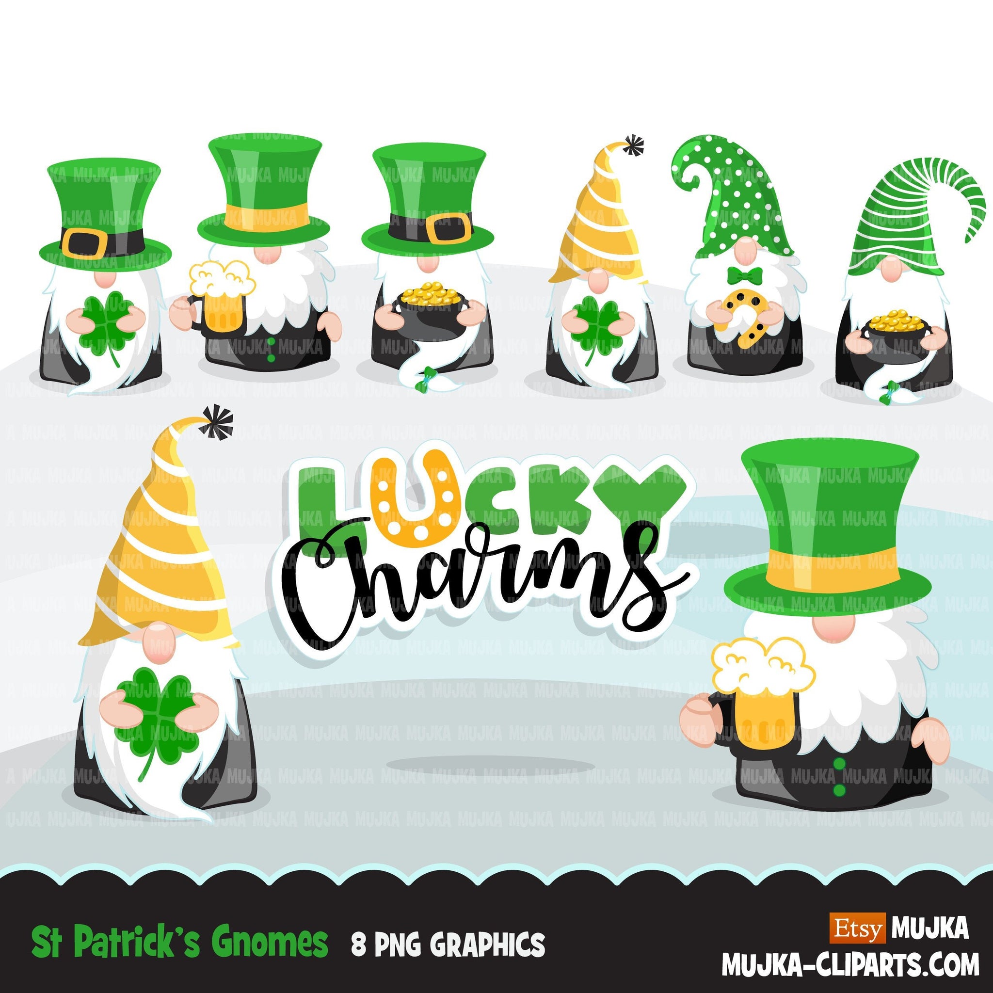 St Patricks Day Gnomes Clipart, Lucky Irish, pot of gold ...