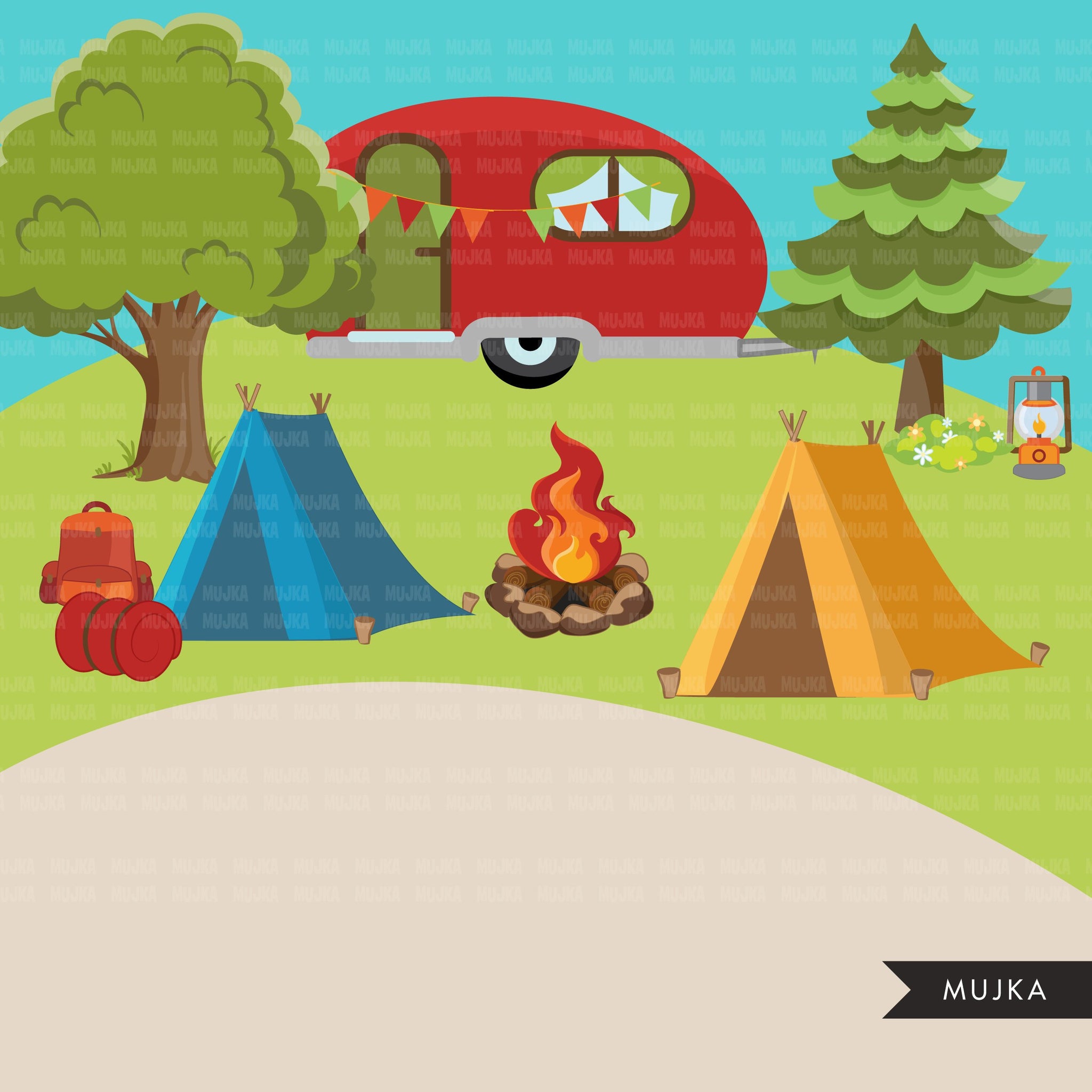 Scouts camping clipart, campground, campfire, tent, camper van, forest ...