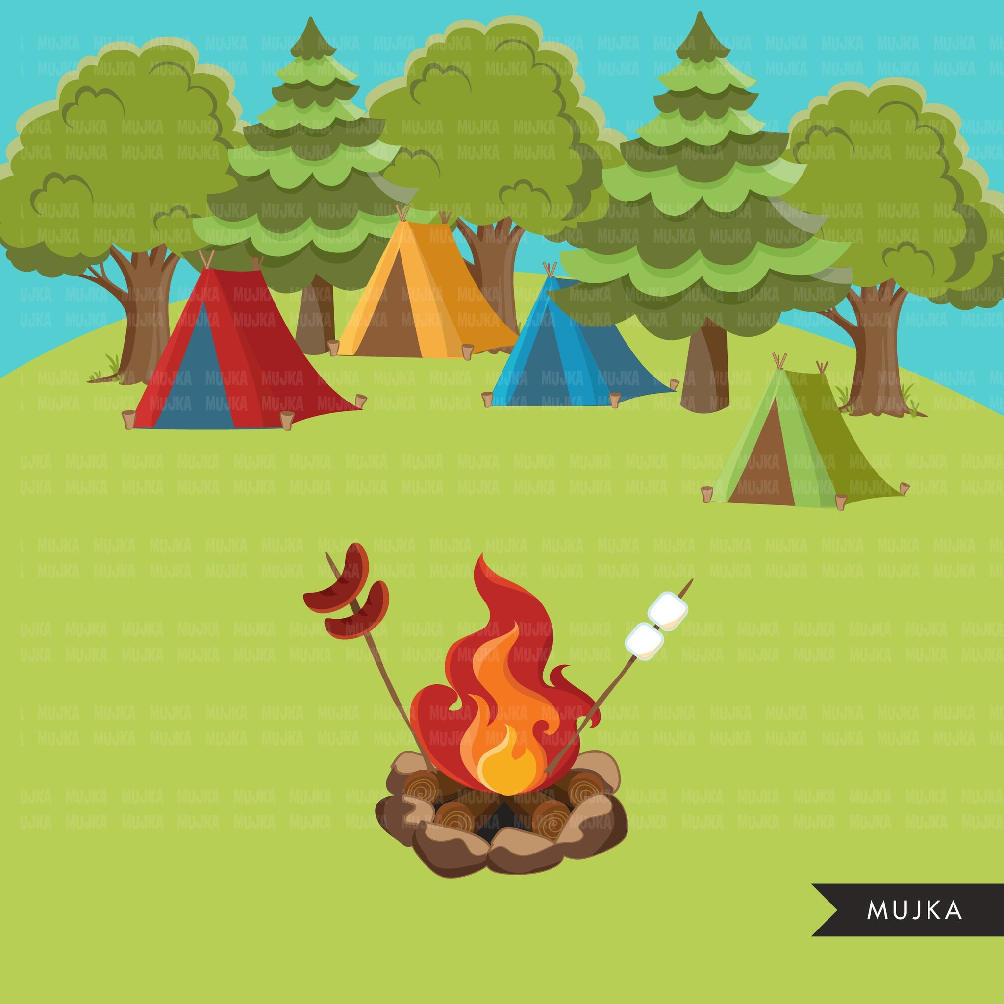 Scouts camping clipart, campground, campfire, tent, camper van, forest ...