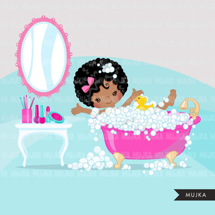 Spa clipart, spa elements party black girl graphics, bubble bath, bathtub, nail polish, spa birthday , graphics,  commercial use clip art