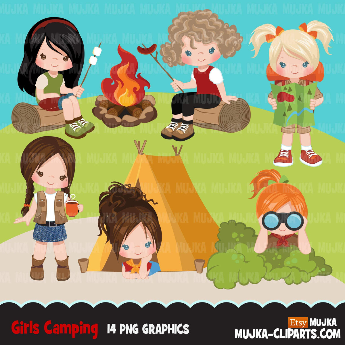 Girl Scouts camping clipart, campground, campfire, tent, outdoor graph ...