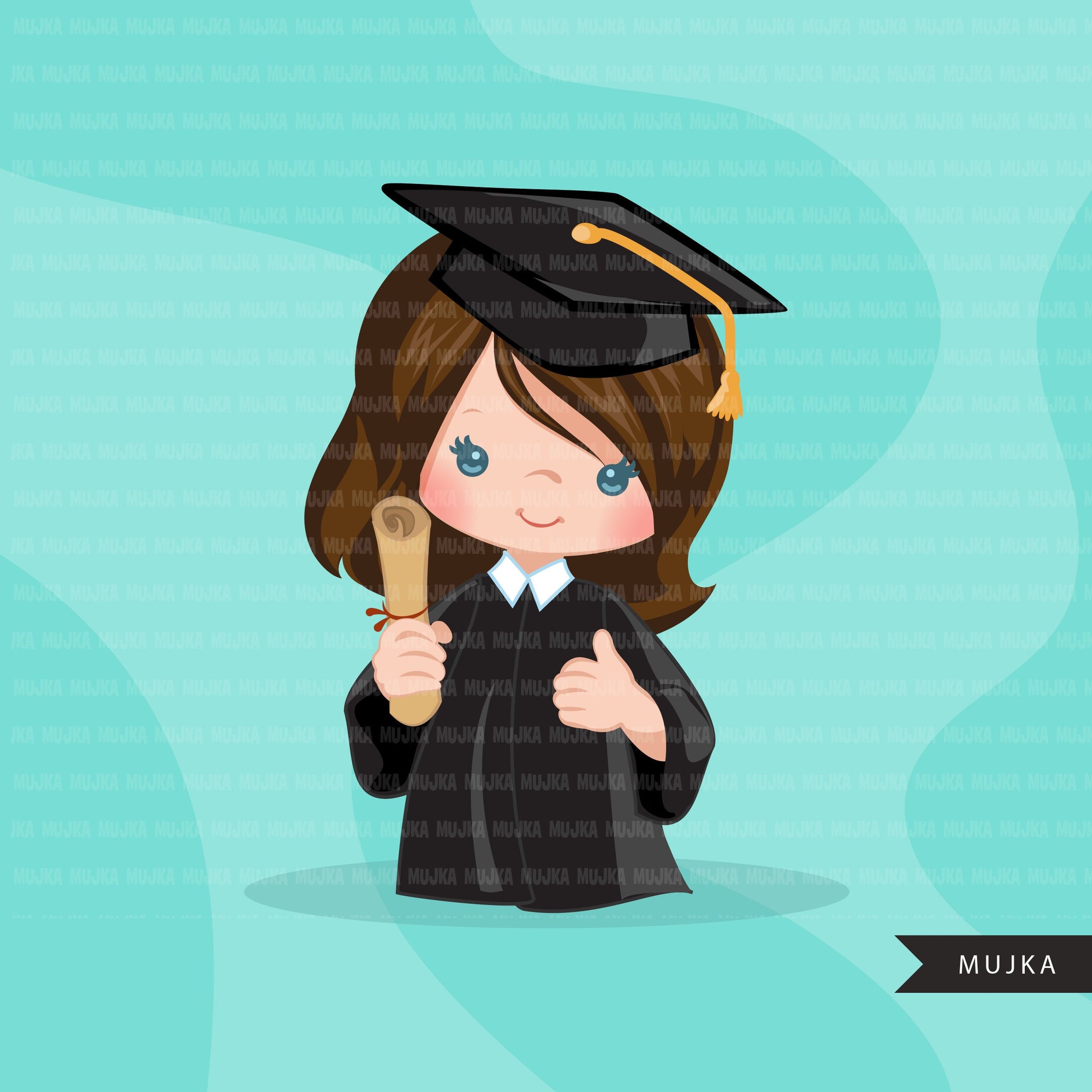 Graduation Clipart, 2020 cute graduate girls with cape and scroll, sch