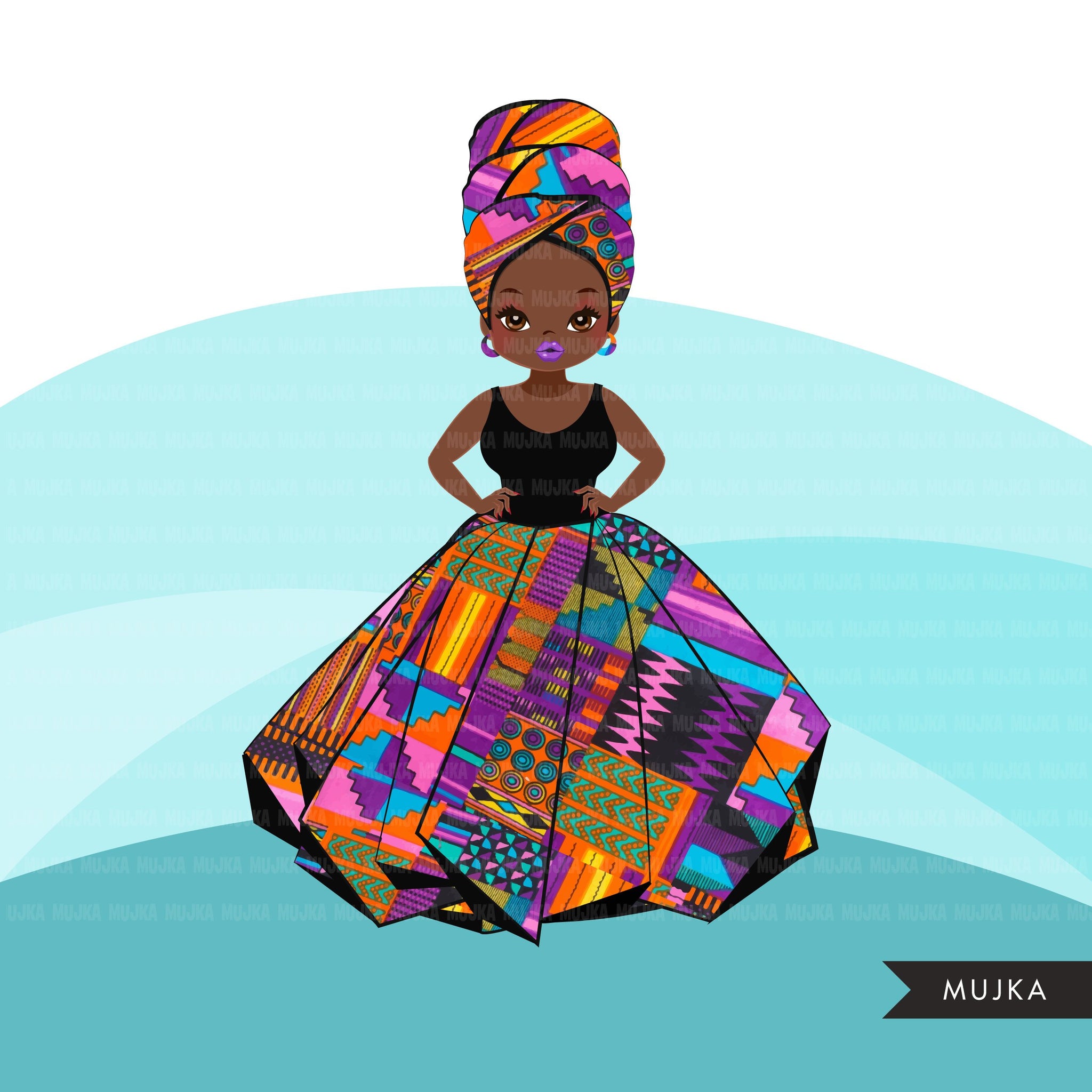 Black woman clipart avatar, Ankara kente African print, tribal head wr
