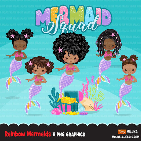 Mermaid clipart, rainbow mermaid graphics, black mermaid princess, mermaid squad birthday party, afro girl PNG clip art