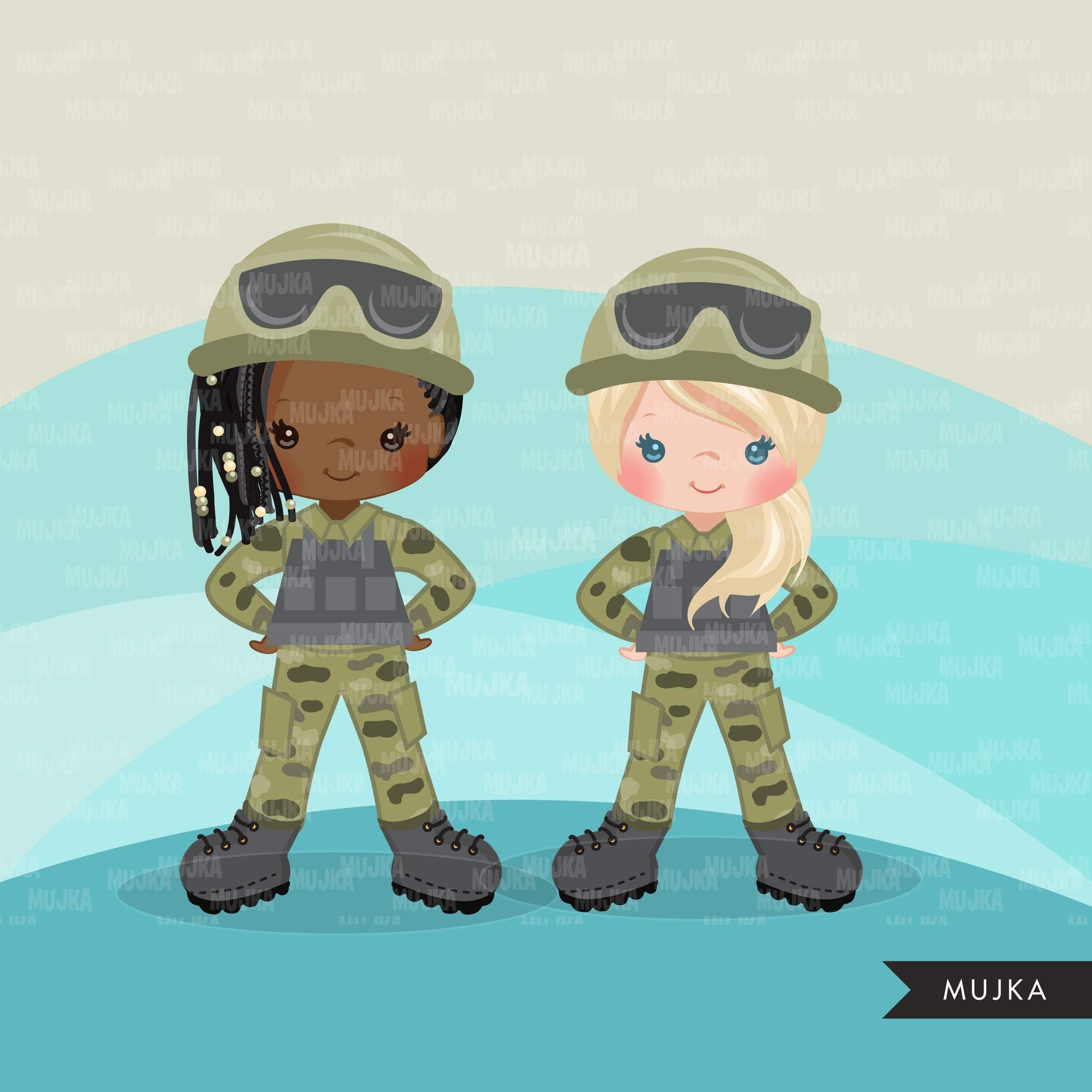 Soldier clipart, army girl, military family, patriot black girl graphi ...