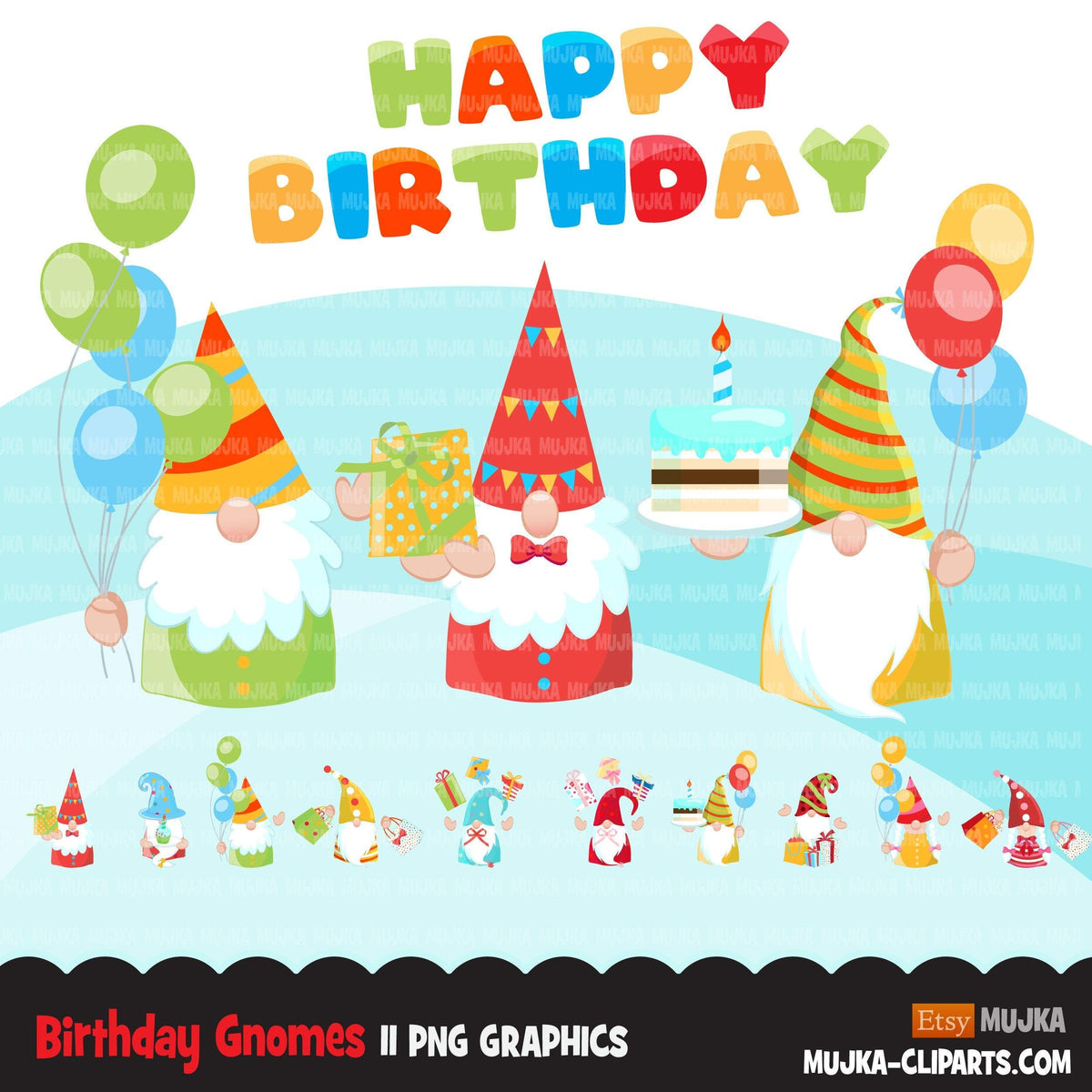 Birthday gnomes Clipart, birthday graphics, colorful party ...