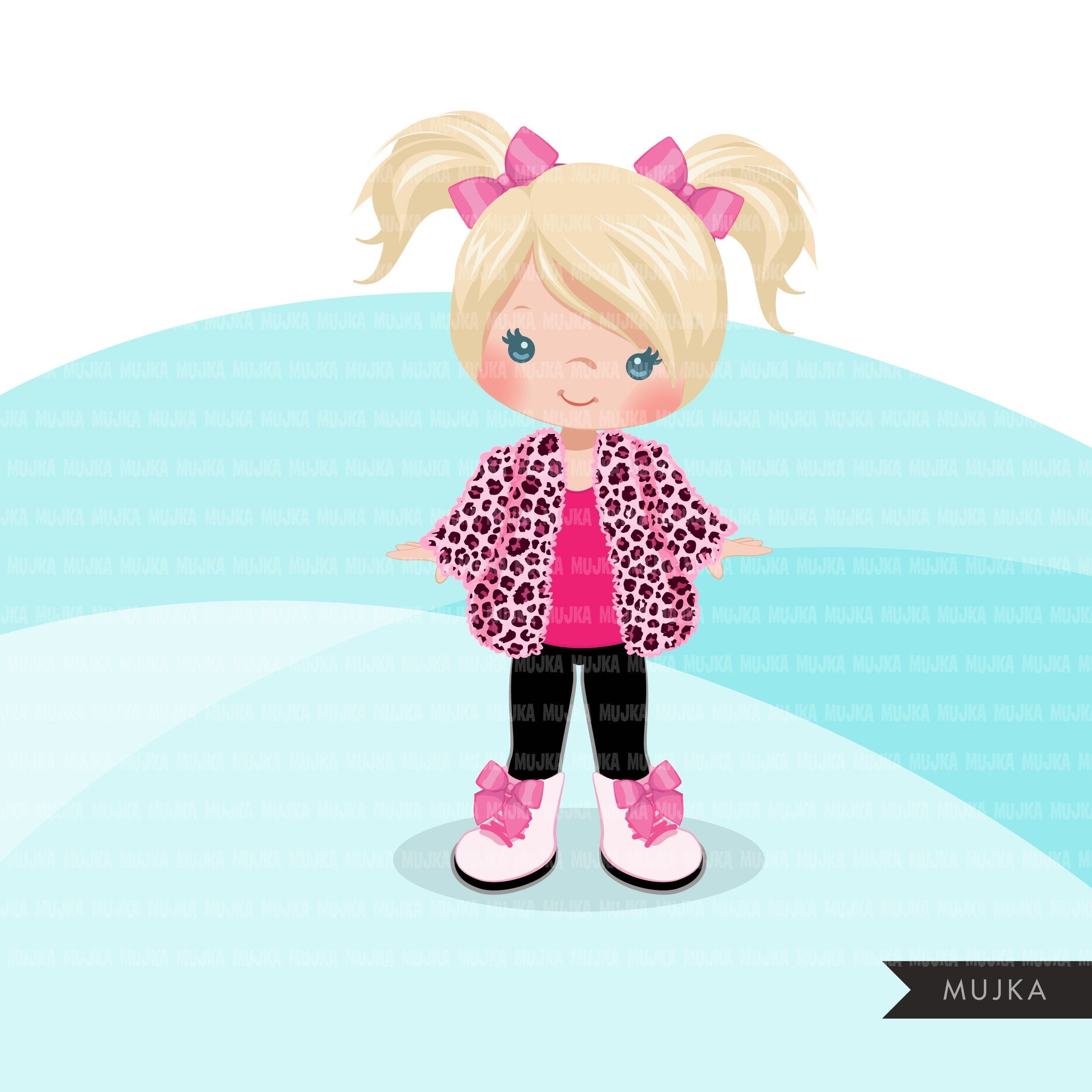 Fashion little girl clipart with pink leopard jacket, boots, sunglasse ...