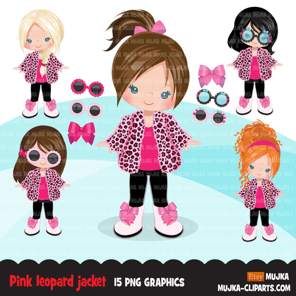 Fashion little girl clipart with pink leopard jacket, boots, sunglasse ...