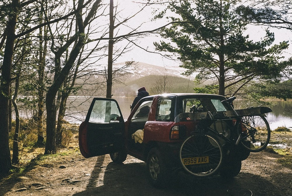 Early morning coffee in the Highlands, loaded up for a day of it.