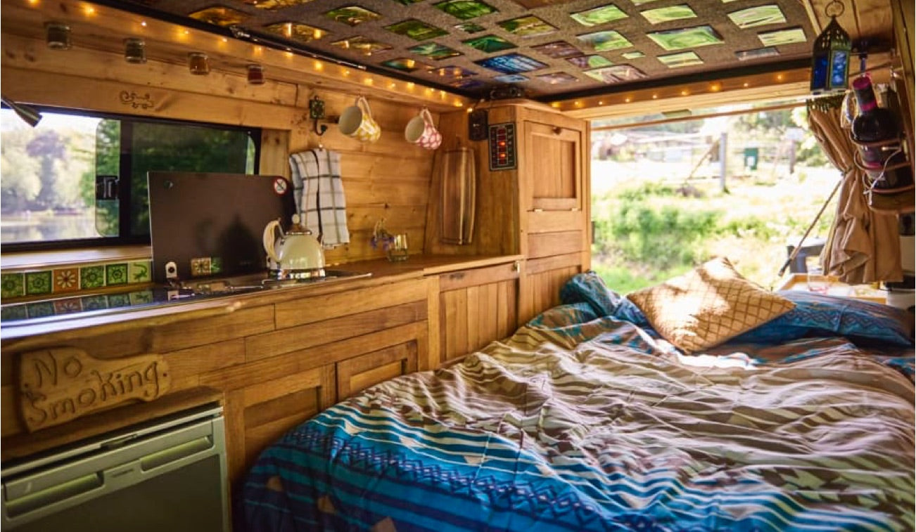 An interior of one of the many quirky campers available